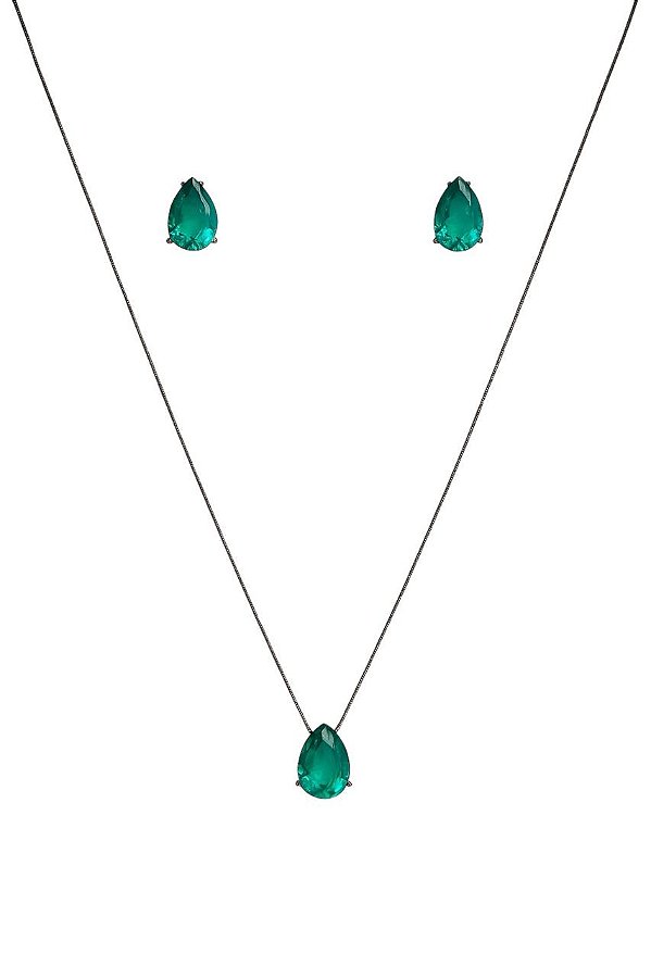 CONJUNTO GOTA ZIRCÔNIA VERDE ESMERALDA FOLHEADO A RÔDIO NEGRO