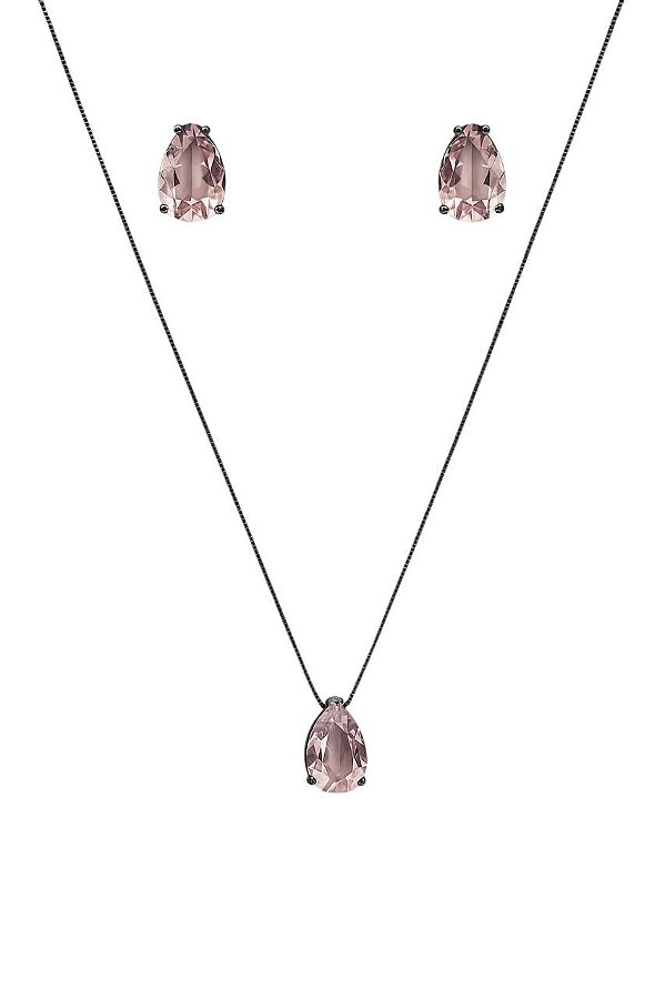 CONJUNTO GOTA ZIRCÔNIA ROSA CLARO FOLHEADO A RÔDIO NEGRO