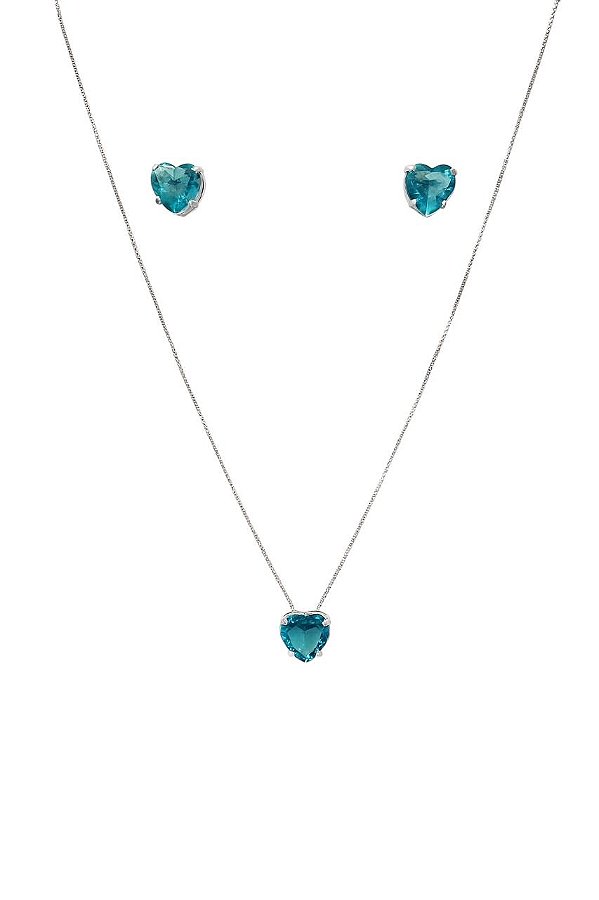 CONJUNTO CORAÇÃO PEDRA DE ZIRCÔNIA AZUL FOLHEADO A PRATA