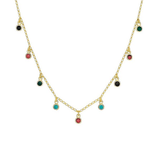 GARGANTILHA CHOKER COM PINGENTES PONTO DE LUZ EM ZIRCÔNIAS COLORIDAS FOLHEADO A OURO