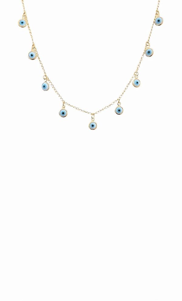 GARGANTILHA CHOKER COM PINGENTES EM OLHO GREGO FOLHEADO A OURO