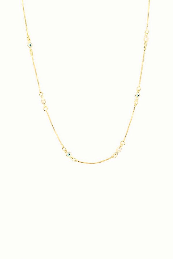 GARGANTILHA CHOKER COM PONTOS EM OLHO GREGO E PONTOS DE LUZ ZIRCÔNIA CRISTAL FOLHEADO A OURO