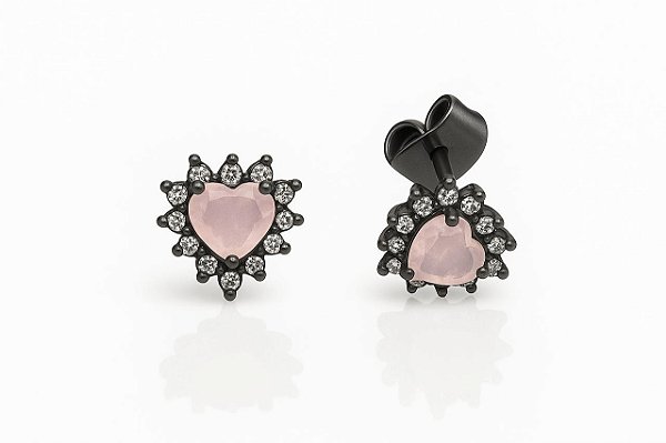 BRINCO CORAÇÃOZINHO ROSA LEITOSO CRAVEJADO DE ZIRCÔNIA FOLHEADO A RÔDIO NEGRO