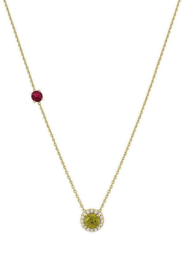 GARGANTILHA DOIS PONTOS DE LUZ ZIRCÔNIAS VERDE E VERMELHO RUBI FOLHEADO A OURO