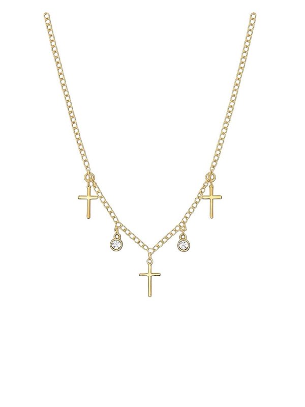 GARGANTILHA CHOKER COM PINGENTES PONTO DE LUZ E CRUZ FOLHEADO A OURO