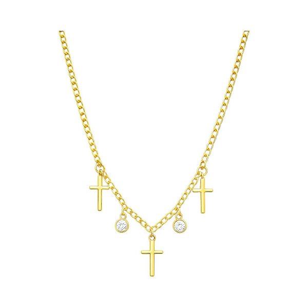GARGANTILHA CHOKER COM PINGENTES PONTO DE LUZ E CRUZ FOLHEADO A OURO