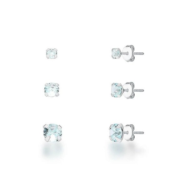 BRINCO TRIO ZIRCÔNIA AZUL CLARO CRAVAÇÃO INGLESA FOLHEADO A PRATA