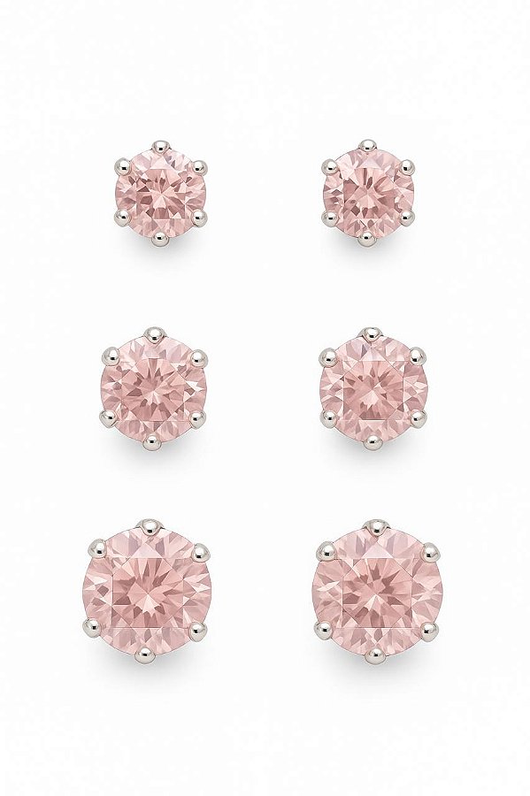 BRINCO TRIO ZIRCÔNIA ROSA CLARO CAIXA ALTA FOLHEADO A PRATA