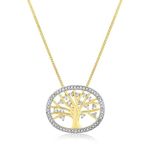 GARGANTILHA COM PINGENTE ARVORE DA VIDA COM PEDRAS DE ZIRCÔNIAS FOLHEADO A OURO