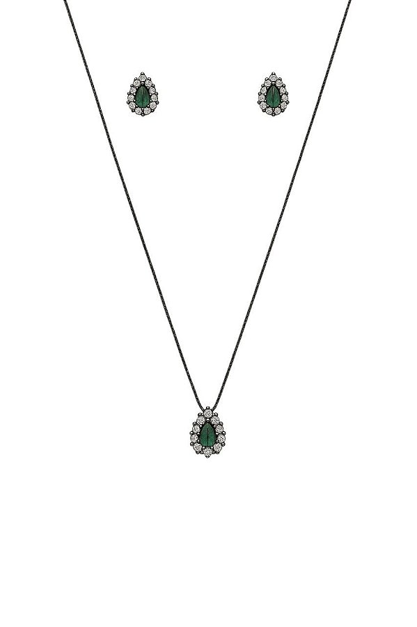 CONJUNTO GOTINHA ZIRCÔNIA VERDE ESMERALDA FOLHEADO A RÔDIO NEGRO