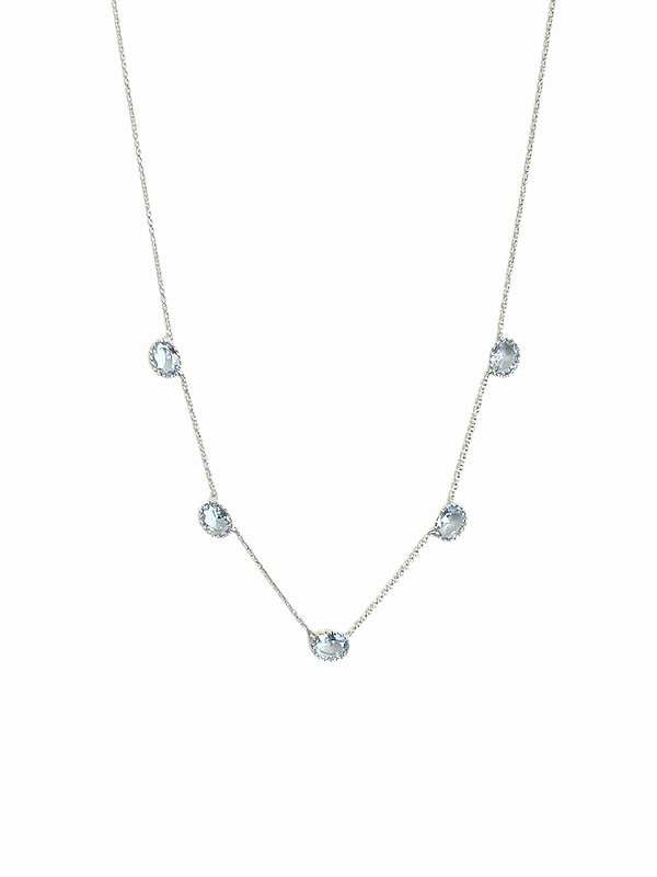 GARGANTILHA DELICADA COM PEDRAS DE ZIRCÔNIA AZUL FOLHEADO A RÔDIO BRANCO