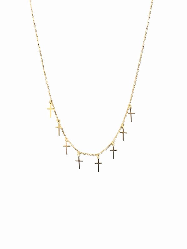 GARGANTILHA CHOKER COM PINGENTES CRUZ FOLHEADO A OURO