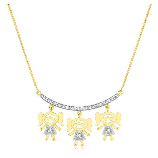 GARGANTILHA CANGA COM TRÊS MENINAS COM PEDRAS DE ZIRCÔNIAS FOLHEADO A OURO