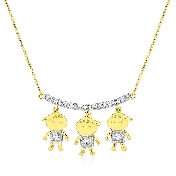 GARGANTILHA CANGA COM TRÊS MENINOS COM PEDRAS DE ZIRCÔNIAS FOLHEADO A OURO