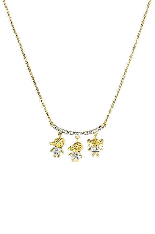 GARGANTILHA CANGA COM DOIS MENINOS E UMA MENINA COM PEDRAS DE ZIRCÔNIAS FOLHEADO A OURO