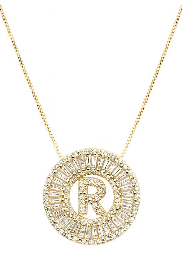 GARGANTILHA PINGENTE MANDALA LETRA CRAVEJADO DE ZIRCÔNIA FOLHEADO A OURO