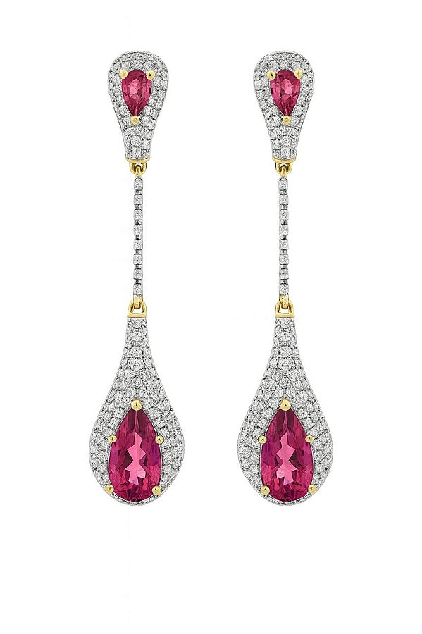 BRINCO GOTINHA LONGA ROSA PINK CRAVEJADO DE ZIRCÔNIAS CRISTAL FOLHEADO A OURO