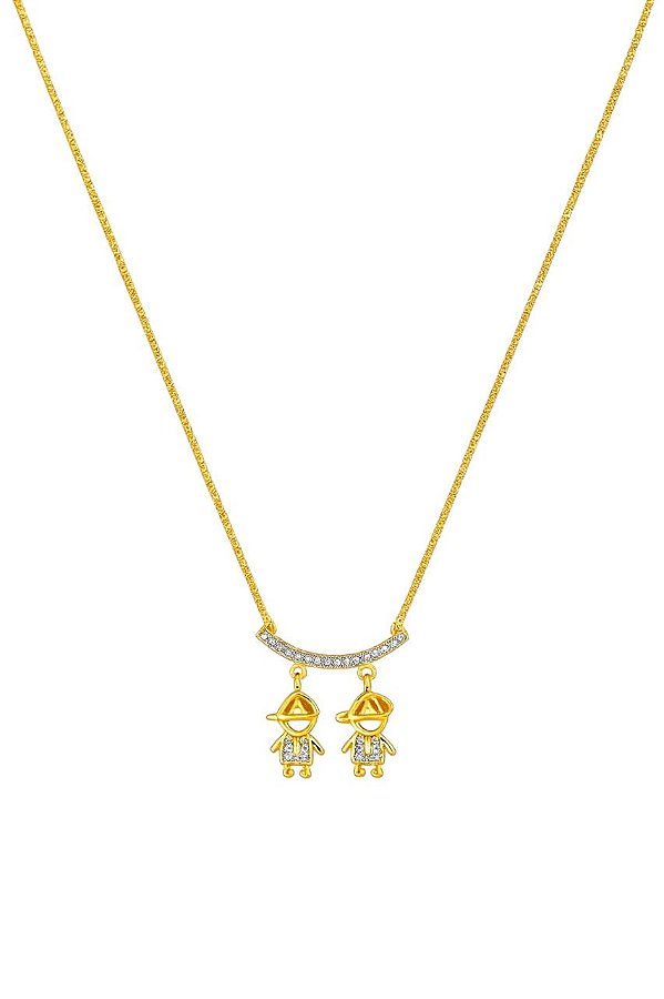 GARGANTILHA CANGA COM DOIS MENINOS COM PEDRA DE ZIRCÔNIAS FOLHEADO A OURO