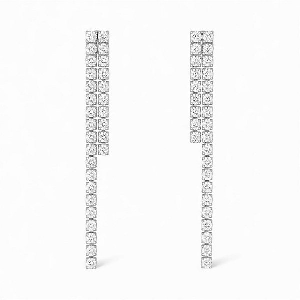 BRINCO LONGO COM ZIRCÔNIA CRISTAL FOLHEADO A RÔDIO BRANCO