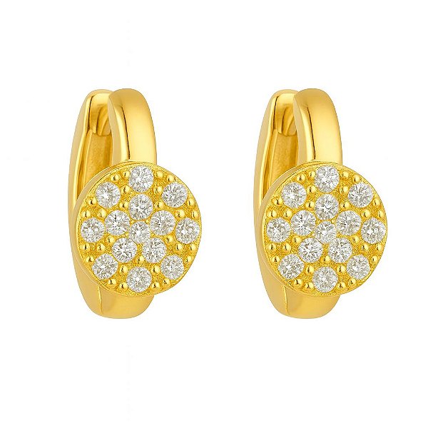 BRINCO ARGOLA CLICK COM PEDRAS DE ZIRCÔNIA EM PONTO DE LUZ REDONDO FOLHEADO A OURO