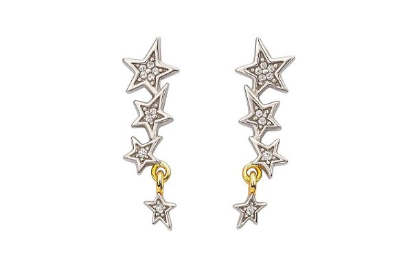 BRINCO CASCATA ESTRELAS CRAVEJADA DE ZIRCÔNIAS DETALHES PRATEADO FOLHEADO A OURO