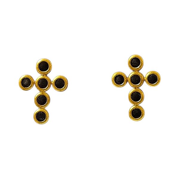 BRINCO CRUZ VAZADO COM ZIRCÔNIAS NEGRA FOLHEADO A OURO