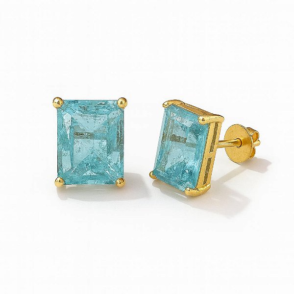 BRINCO RETANGULAR PEDRA FUSION AZUL CLARO FOLHEADO A OURO