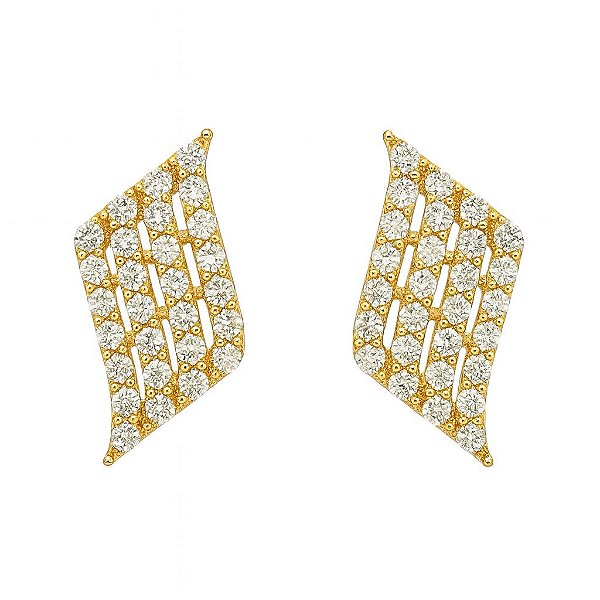 BRINCO LOSANGO ONDULADO CRAVEJADO COM MICRO ZIRCÔNIA FOLHEADO A OURO