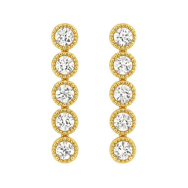 BRINCO PINGENTE COM 5 ZIRCÔNIAS REDONDAS FOLHEADO A OURO