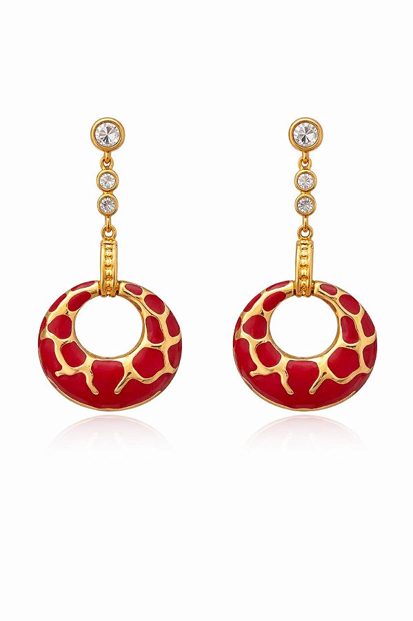 BRINCO PENDENTE CÍRCULO COM ESMALTAÇÃO VERMELHA E ZIRCÔNIAS FOLHEADO A OURO