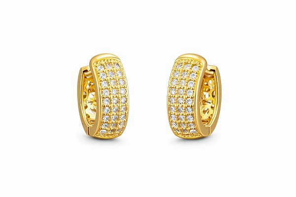 BRINCO ARGOLA CLICK PEQUENA E LARGA CRAVEJADA COM ZIRCÔNIAS FOLHEADO A OURO