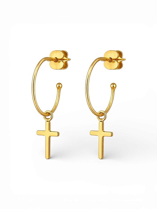 BRINCO ARGOLA FINA COM CRUZ LISA FECHO DE TARRAXA FOLHEADO A OURO