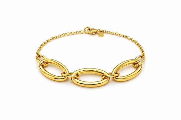 PULSEIRA ELOS OVAIS GRANDES LISA FOLHEADO A OURO