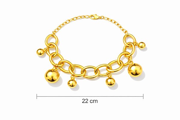 PULSEIRA DE ELOS OVAIS COM PINGENTES DE BOLA LISA DOURADA FOLHEADO A OURO