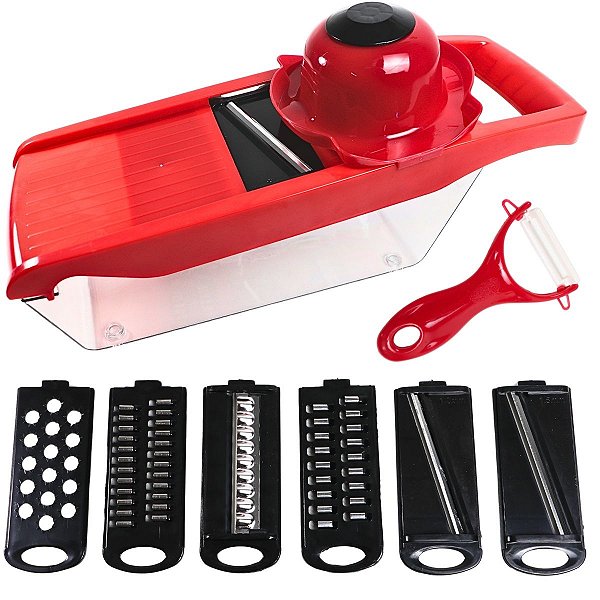 Fatiador Mandoline 6 em 1 com 6 Lâminas de Aço Inox, Descascador e Protetor de Mão