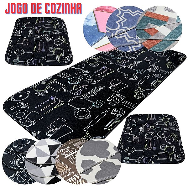 Jogo de Tapetes para Cozinha 3 Peças com Base Antiderrapante