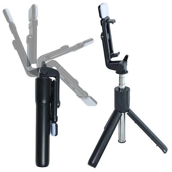 Bastão de Selfie com Tripé e Luz LED Recarregável Bluetooth 360° Compatível com Android e iOS