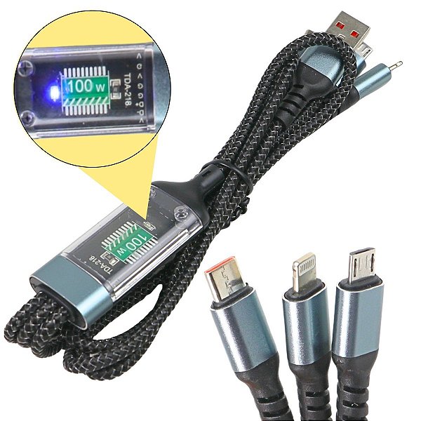 Cabo de Carregamento Rápido 3 em 1 Lightning Tipo-C Micro USB 100W Nylon Trançado com LED