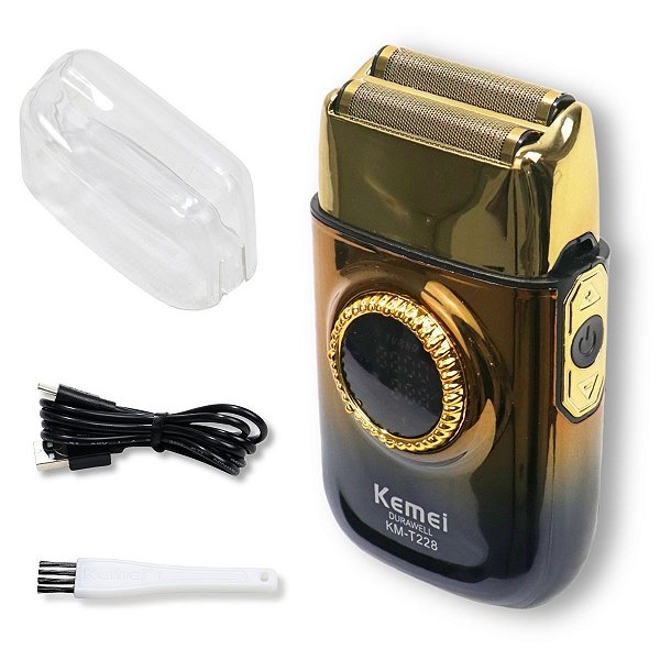 Kemei KM-T228 Máquina de Barbear Masculina Display LED Folha Dupla Sem Fio USB-C Cabeça Removível