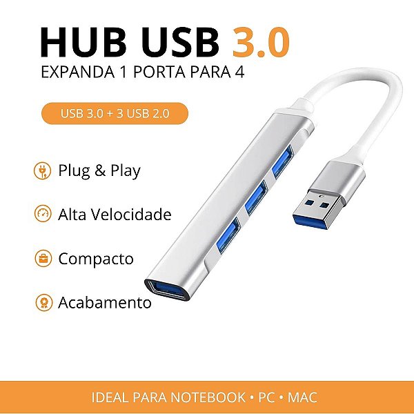 Hub USB 3.0 4 Portas 4 em 1 para Notebook, PC e Desktop