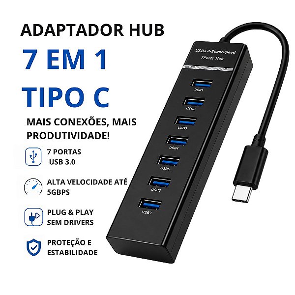 Hub Adaptador USB Tipo C 7 Portas USB 3.0 5Gbps Para Notebook e PC
