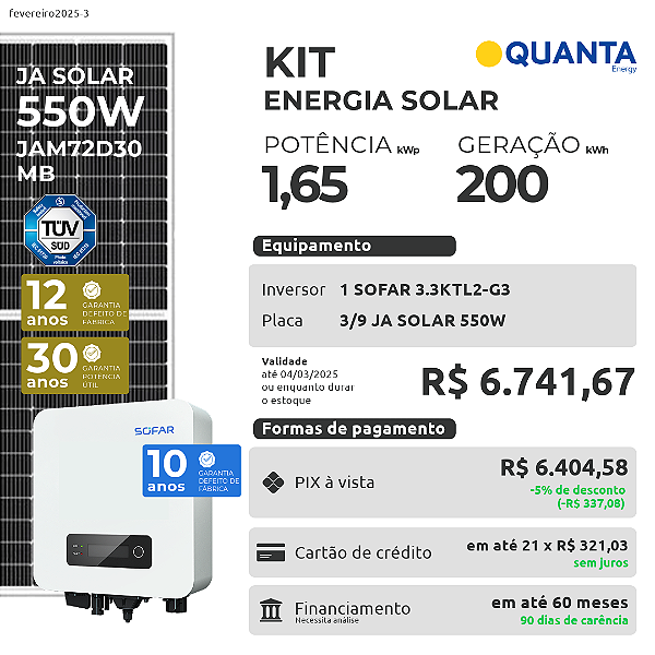 Potência: 1.65 kWp - Inversor: 1 SOFAR 3.3KTL2-G3 - Módulo: 3/9 JA SOLAR 550W