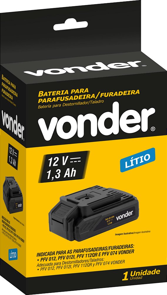 Bateria 12,0 V, íons de lítio, para parafusadeira, furadeira, PFV 012, VONDER