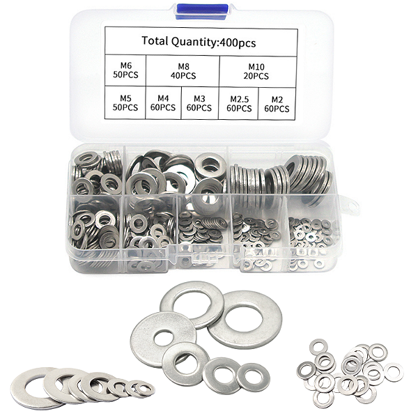 KIT 400 ARRUELAS PLANAS AÇO INOX M2 M2.5 M3 M4 M5 M6 M8 M10