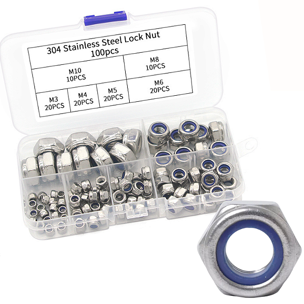 KIT 100 PORCAS BLOQUEIO TRAVA NYLON AUTOTRAVANTE  AÇO INOX