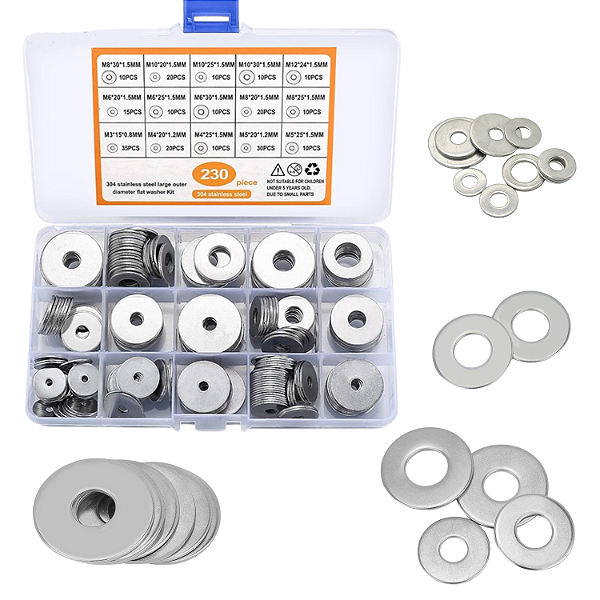 KIT 230 ARRUELAS LISA ABA LARGA INOX M3 M4 M5 M6 M8 M10 M12