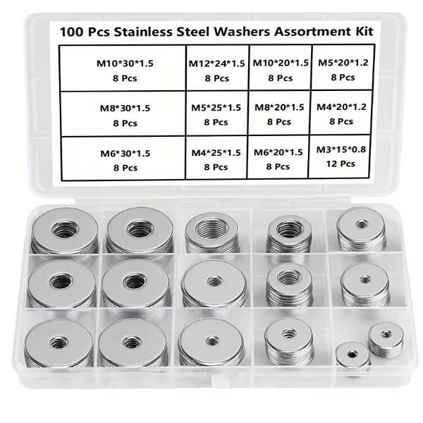 KIT 100 ARRUELAS PLANAS EM AÇO INOX GROSSAS LARGAS M3 A M12