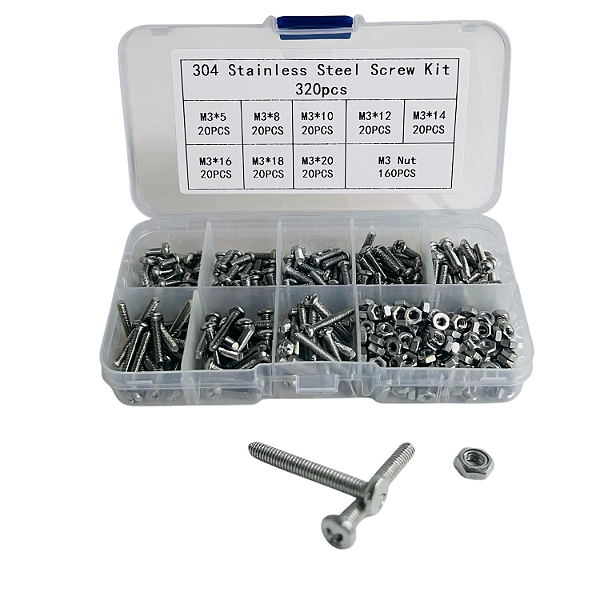 KIT 320 PARAFUSOS E PORCAS PHILIPS CABEÇA REDONDA M3 INOX