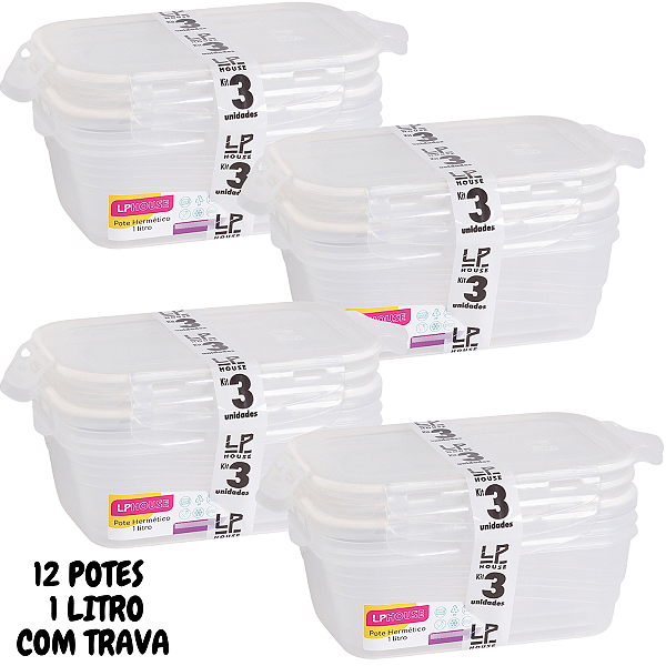Kit 12 Potes Marmita Herméticos Plástico Tampa Trava 1l