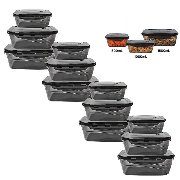 Kit 12 Potes Plástico Herméticos 500/1000/1500ml  Preto